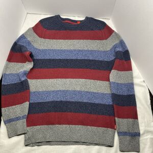IZOD Men's Large Striped Crewneck Sweater Red Blue Grey Ribbed Knit 100% Cotton